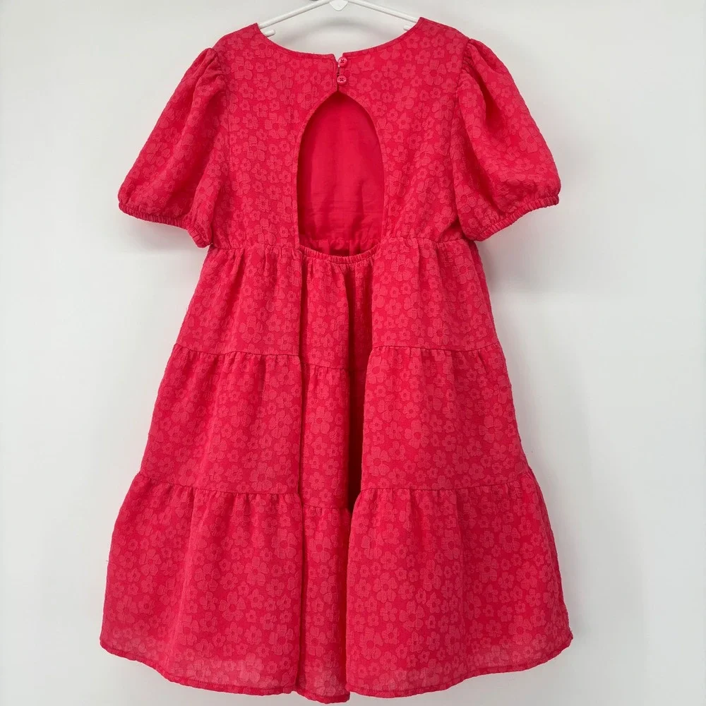 Cat & Jack Girls Coral Pink Floral Jacquard Tiered Cutout Back Dress  Sz L 10/12